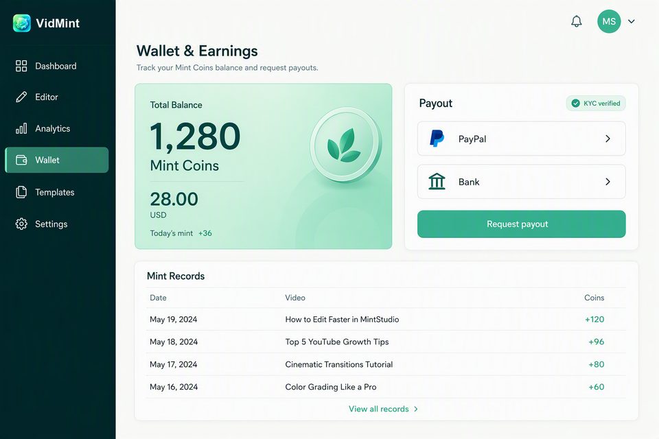 데스크톱에서 Mint Rewards 출금을 위한 VidMint 웹 월렛
