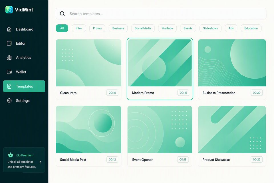 브라우저의 VidMint 데스크톱 숏폼 포맷 템플릿 라이브러리