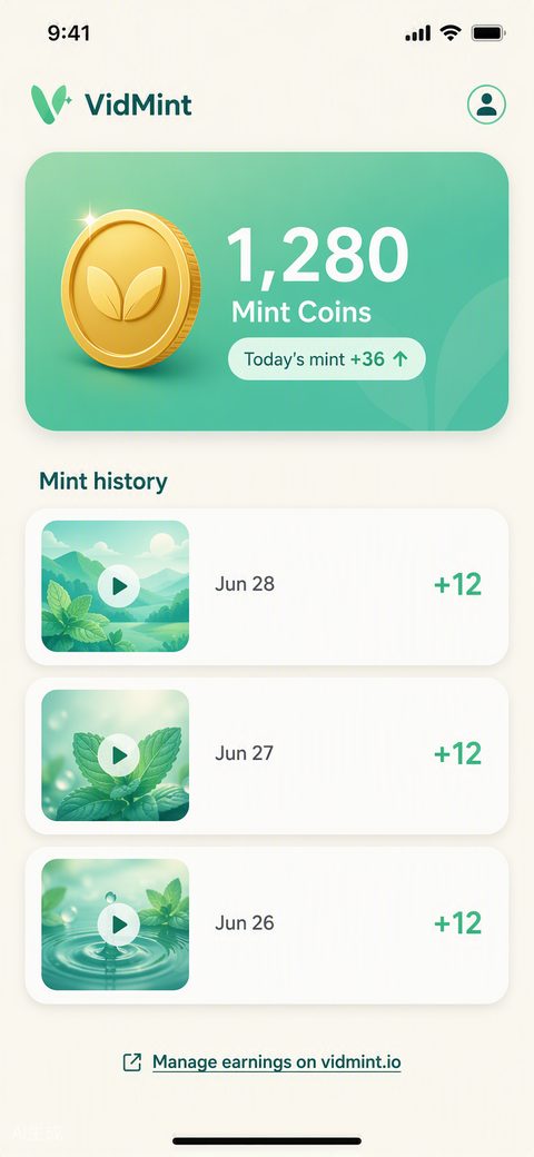 크리에이터의 민팅된 코인 잔액을 보여주는 VidMint Mint Rewards 월렛
