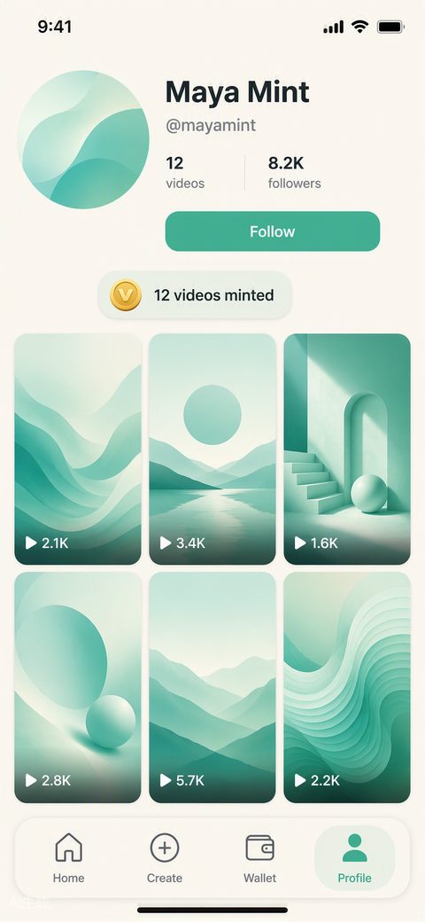 발행된 숏폼이 있는 VidMint 크리에이터 프로필 페이지